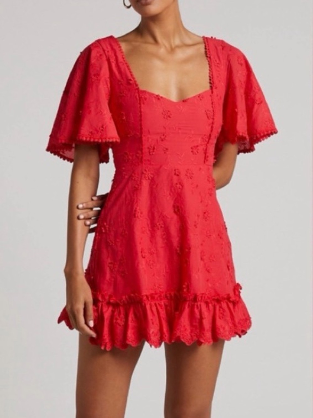 Showpo Red Embroidered Mini Dress with Flutter Sleeves